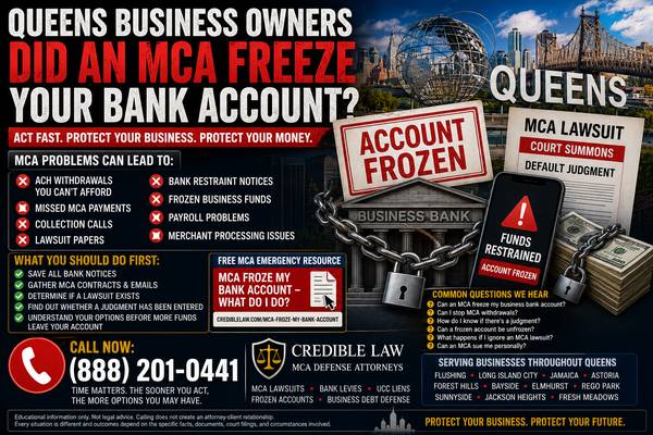 QUEENS BUSINESS BANK ACCOUNT FROZEN BY AN MCA COMPANY? - financial services