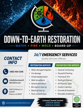 Emergency remodel demolition restoration roof repair mold fire water - labor / hauling / moving